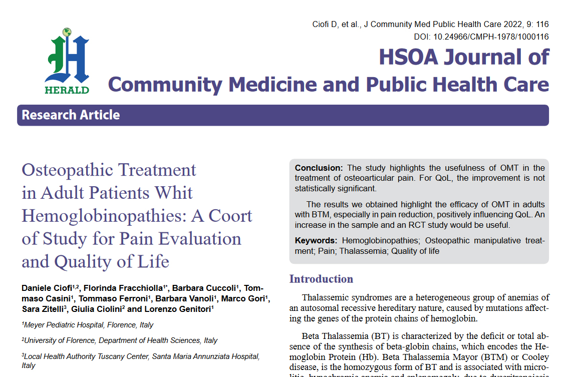 Pubblicato lo studio “Trattamenti osteopatici nei pazienti adulti con emoglobinopatie: una coorte di studio per la valutazione del dolore e della qualità della vita” realizzato presso l’AOU Meyer